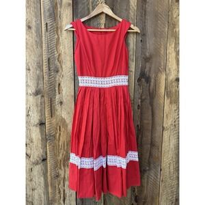 Vintage Dress Womens M Cherry Red Prairie Lace Cottage Folk Western Americana